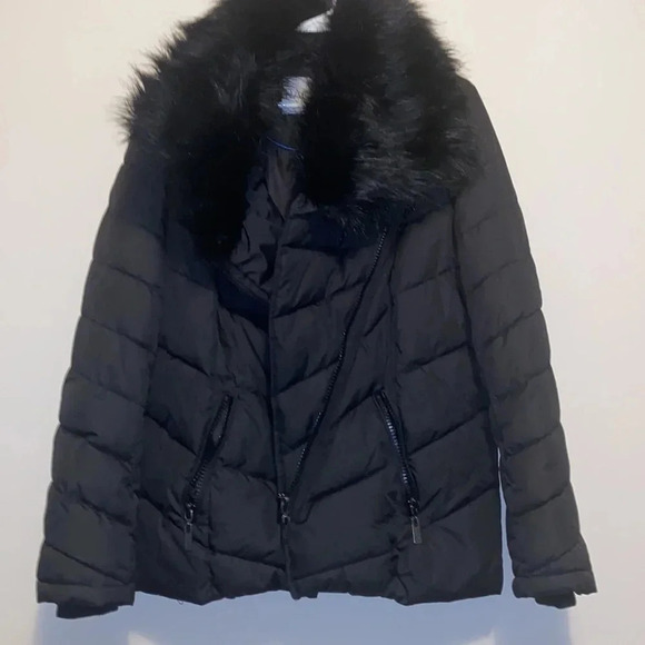 Rachel Roy black puffer faux fur water repellent jacket Sz L - Picture 5 of 10